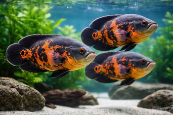 3 oscar fishes swimming together on aquarium