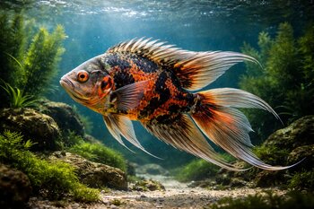 longfin oscar fish swimming freely