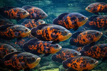 lot of oscar fishes swimming