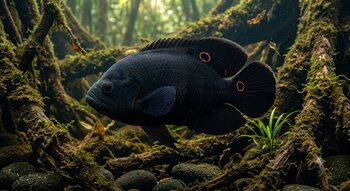 a large black oscar fish with two orange rings on its body swims in an aquarium with moss-covered roots and stones