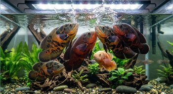 multiple oscars swimming actively near the water surface, showing their social and curious nature during feeding time