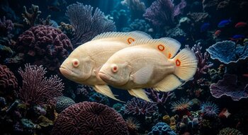 two albino oscar fish swimming among vibrant coral in an underwater scene