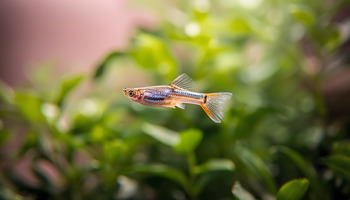 a guppy fish glides through the water, its scales shimmering in the light
