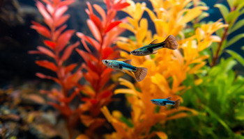 a pair of guppy fish glide through an aquarium filled with colorful aquatic plants