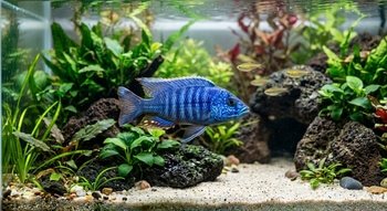 a cichlid fish glides through an aquarium filled with lush plants and decorative rocks