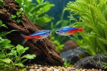 a pair of tetra fish glide through an aquarium adding life to the underwater scene